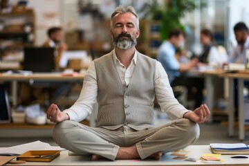 Man in lotus position in Germany, Bavaria, Munich, with colleagues behind him