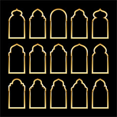 Islamic frames, oriental style. Golden arabic shapes, windows and arches. Traditional ornamental banner, frame. Muslim holidays, Ramadan Kareem. Modern eastern architecture. Vector illustration