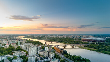aerial view of warsaw at sunset in spring in poland