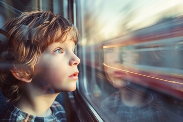 The child is leaning on the window sill while looking through the train window