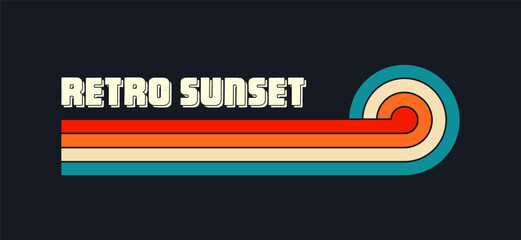 Vintage sunset collection. Various colorful striped sunrise badges in 80s and 90s style. Sun and ocean view, summer vibes, surfing. Design element for print, logo or t-shirt. Vector illustration