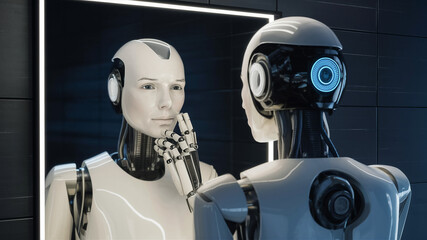 robot watches at the mirrow in the room, blurred background. Artificial intelligence in the future life. AI Generated	