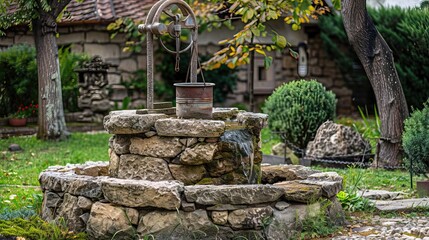 Fototapeta premium Rustic Stone Water Well with Bucket in Idyllic Garden Setting on a Sunny Day