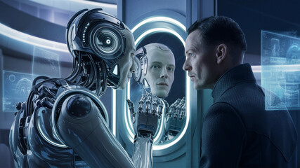 robot watches at the mirrow in the room, blurred background. Artificial intelligence in the future life. AI Generated	