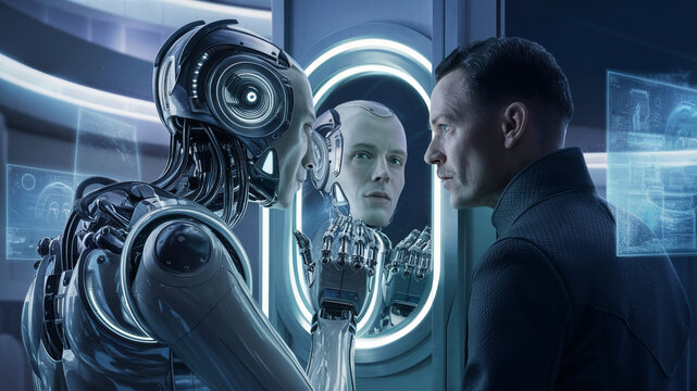 robot watches at the mirrow in the room, blurred background. Artificial intelligence in the future life. AI Generated	