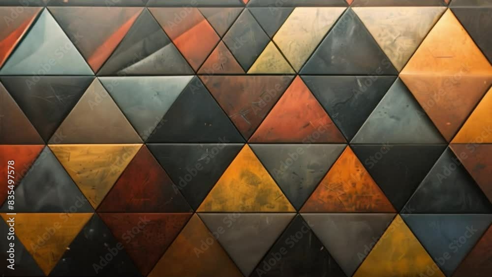 Poster a painting of a triangular pattern displayed on a wall, showing geometric shapes and lines in variou