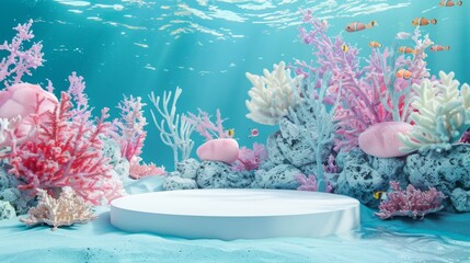 A vibrant coral reef teeming with various colorful fish in a crystal-clear underwater setting, illuminated by daylight.