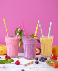 Three fruity smoothies in glasses with colorful straws on a bold background