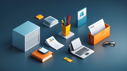 Set of 3d office icon, Business and finance concept. Eps 10 Vector. Generative AI