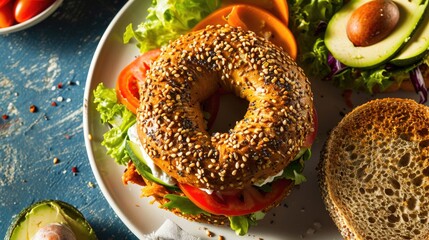 A tasty bagel sandwich filled with fresh lettuce, juicy tomato, and creamy avocado - Powered by Adobe