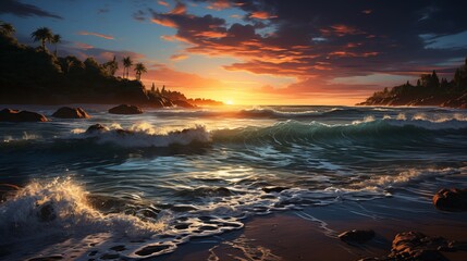 Fototapeta premium Breathtaking Sunset Over a Tranquil Beach with Crashing Waves