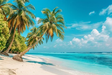 Obraz premium An Indian Ocean beach with tropical palm trees, The Maldives