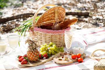 Picnic with wine, cheeses and fruits in the spring garden on a light tablecloth on a sunny day,...