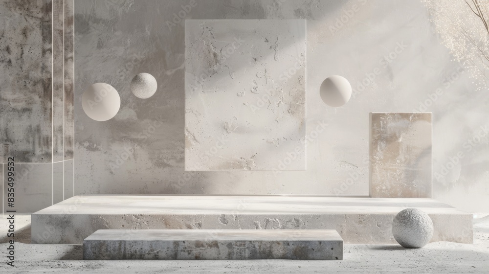 Aufkleber a minimalist abstract art installation in a gallery features floating white spheres and textured wal