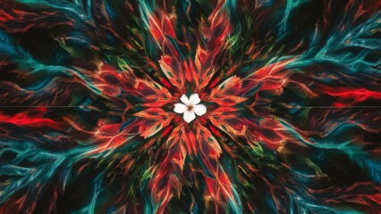 Fototapeta premium A digital painting that showcases a vibrant multicolored background, teeming with swirling shades of deep blues, fiery reds, and lush greens In the center, a single white flower stands out
