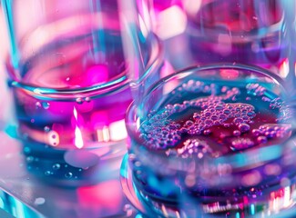 An experiment in the lab involves scientists pipetting samples into a multiwell plate with a screen image of cells in the background