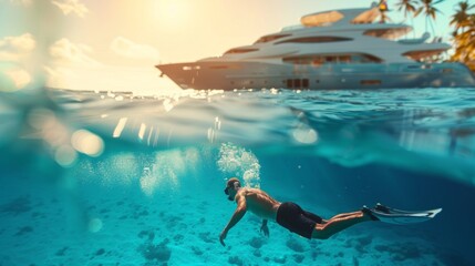 A person is swimming in sea water with a yacht in background.