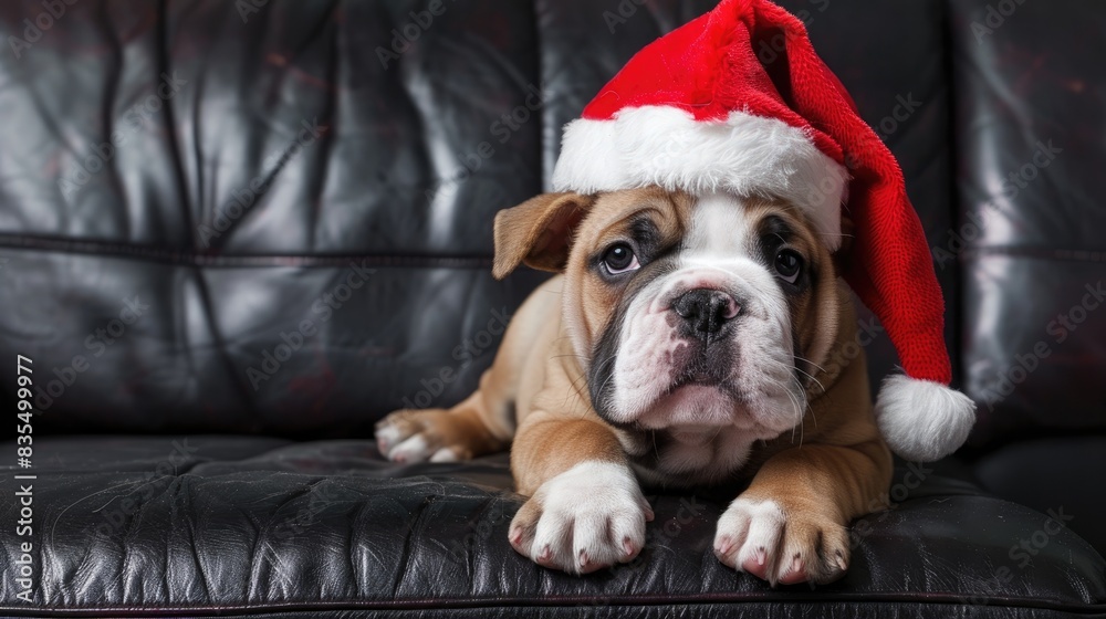 Sticker English Bulldog puppy wearing santa hat seated on black leather couch