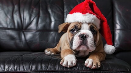 English Bulldog puppy wearing santa hat seated on black leather couch