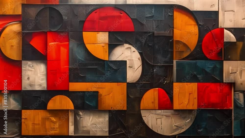 Poster the abstract painting features an array of colors and shapes, creating a dynamic and visually striki