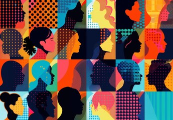 A colorful overlapping profile pattern of heads