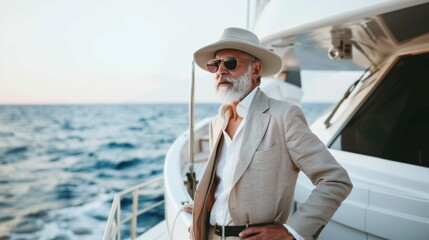 Fashion portrait of a senior male model on yacht in sea.