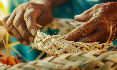 Experienced hands deftly weave dried straw into an intricate basket. The close-up shot highlights the craftsmanship and cultural heritage behind traditional basket weaving