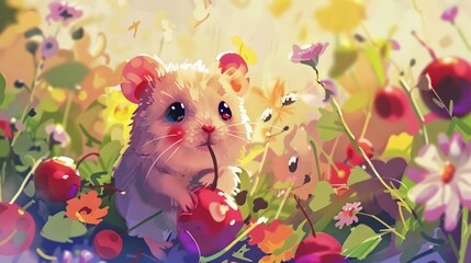 A painting of a hamster in a field of flowers
