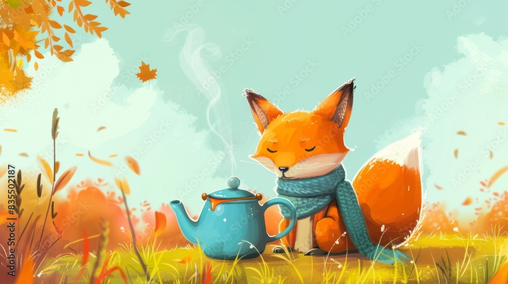 Canvas Prints a painting of a fox and a teapot