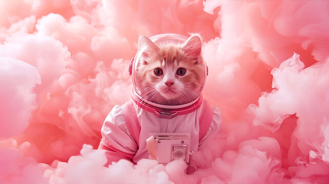 Cute cat in a pink astronaut suit against a background of clouds. Generation ai