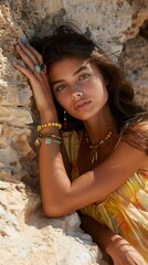 Naklejka premium A beautiful young woman leaning against a rock