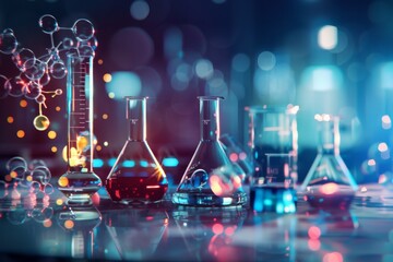 Illustrative image of colorful chemical flasks and beakers in a futuristic laboratory setting - Powered by Adobe
