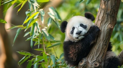 Obraz premium A panda bear on tree in wild forest.
