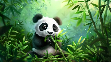 Fototapeta premium A cute panda with bamboo leaves in bamboo forest