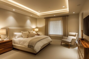 A serene bedroom with a recessed ceiling highlighted by ambient lighting, elegant natural wood finishes on the furniture, and a stylish corner armchair with a modern design.