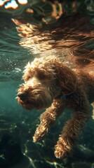 A dog swimming under water in a pool