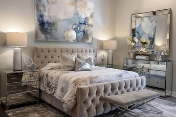 A stylish bedroom with a tufted headboard, mirrored furniture, and a large, abstract art piece