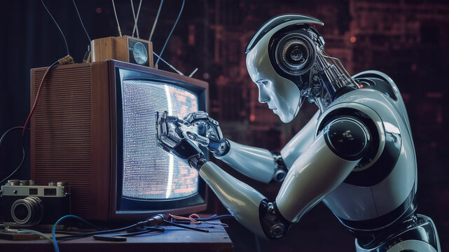 robot watches at the mirrow in the room, blurred background. Artificial intelligence in the future life. AI Generated	