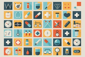 A set of medical icons with a long shadow