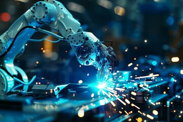 futuristic ai robot arm welding in modern industrial factory with blue sparks and latest technology 3d illustration