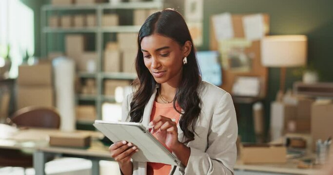 Small business, boxes or woman with tablet, typing or distribution with delivery, ecommerce or startup. Person, employee or entrepreneur with tech, logistics or export with service or company website