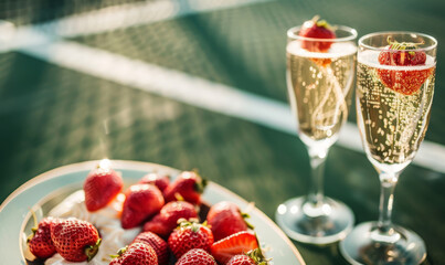 Luxury sporting tennis event with glasses of champagne and strawberries on a tennis court