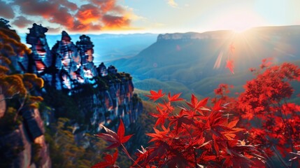 A beautiful mountain range with a bright orange sun in the sky