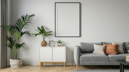 Poster above white cabinet with plant next to grey sofa in simple living room interior.Generative Ai