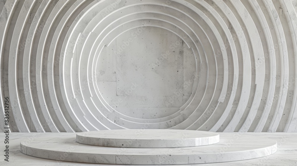 Poster a minimalist white stage with concentric circular arches in a modern indoor setting, capturing a ser