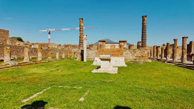 Temple of Apollo, built in 120 BC and dedicated to Roman god Apollo in Pompeii, Naples, Campania, Italy, an ancient city buried by Mount Vesuvius in 79 AD