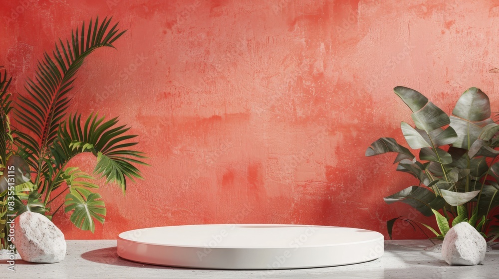 Poster a minimalist white circular pedestal is set between green plants against a red textured wall, creati
