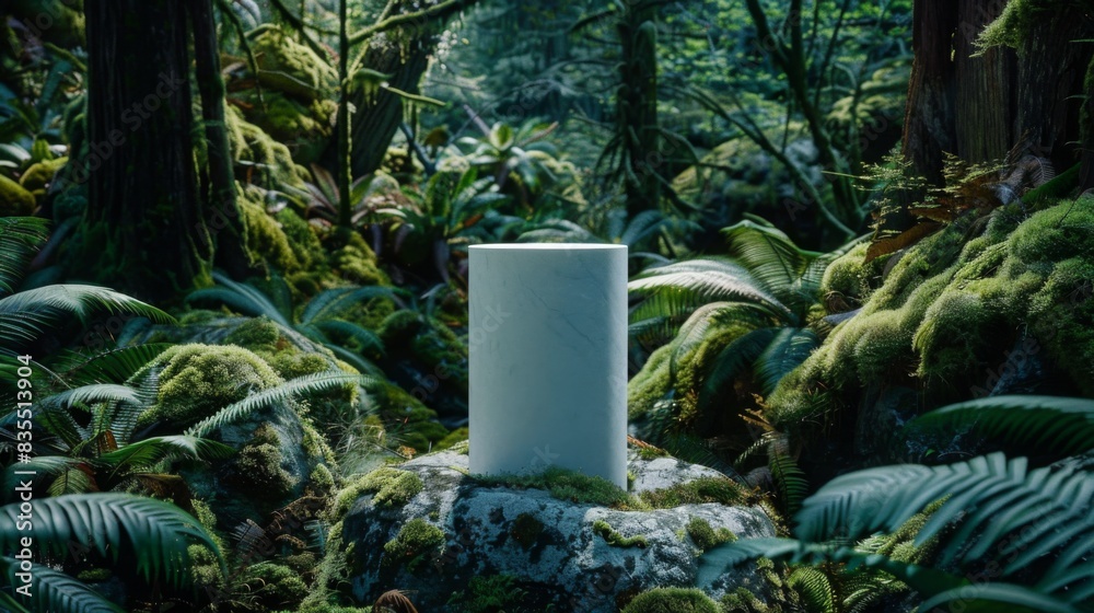 Aufkleber a stone monolith stands on a moss-covered rock in a lush, dense forest filled with ferns and towerin