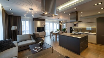 Stylish apartment interior with modern kitchen. Idea for home design. Generative Ai