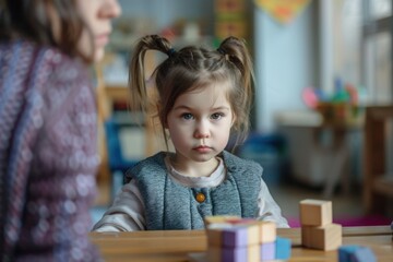 child girl in kindergarten plays educational game with wooden toy cubes. Educator. Mother. Activities for child development.